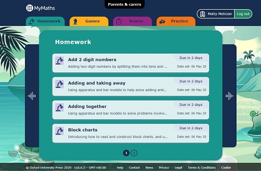 Pupil view of Primary MyMaths, including new parent and carer support tab