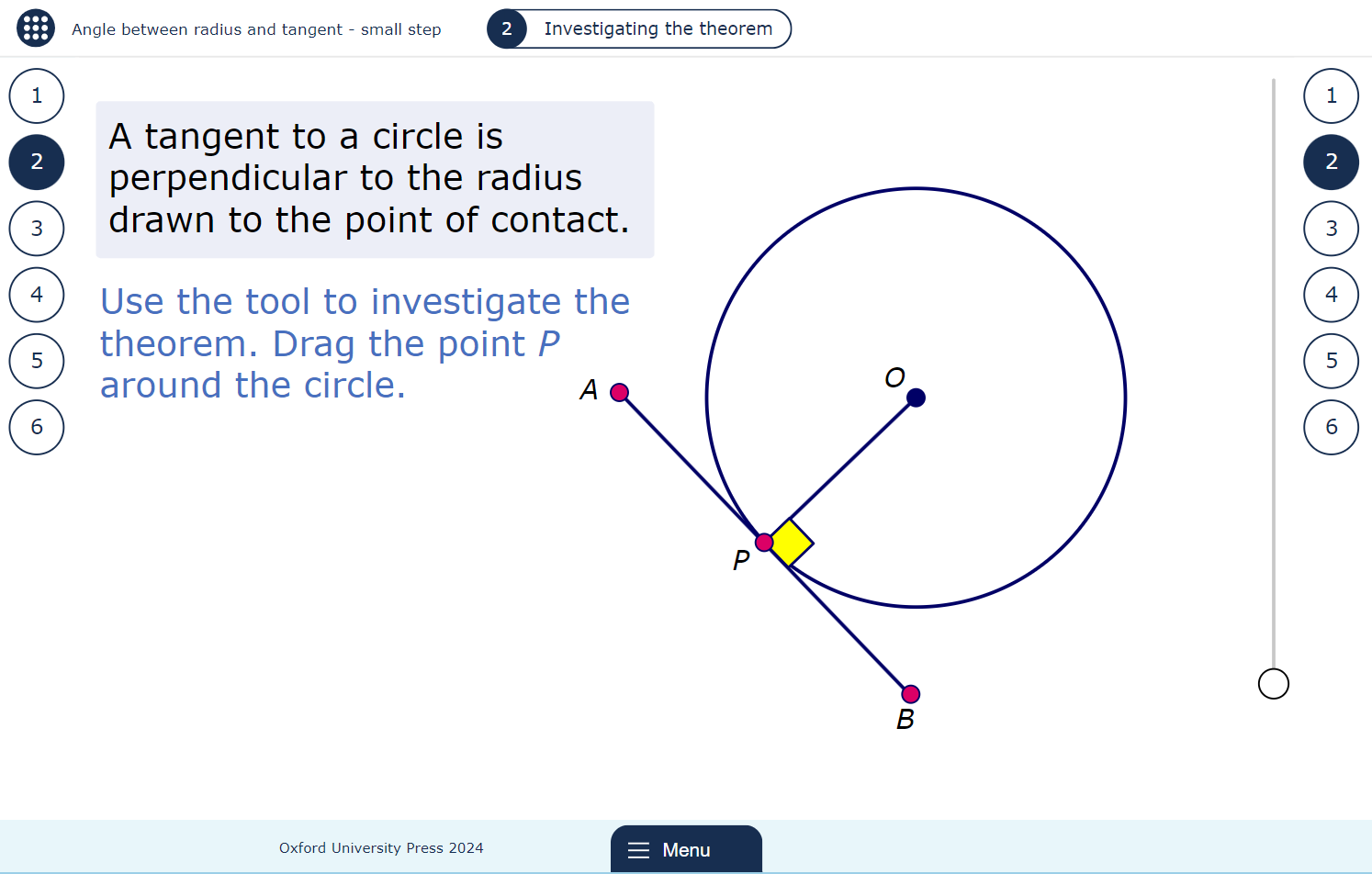A MyMaths lesson page showing a tool for exploring a circle theorem.