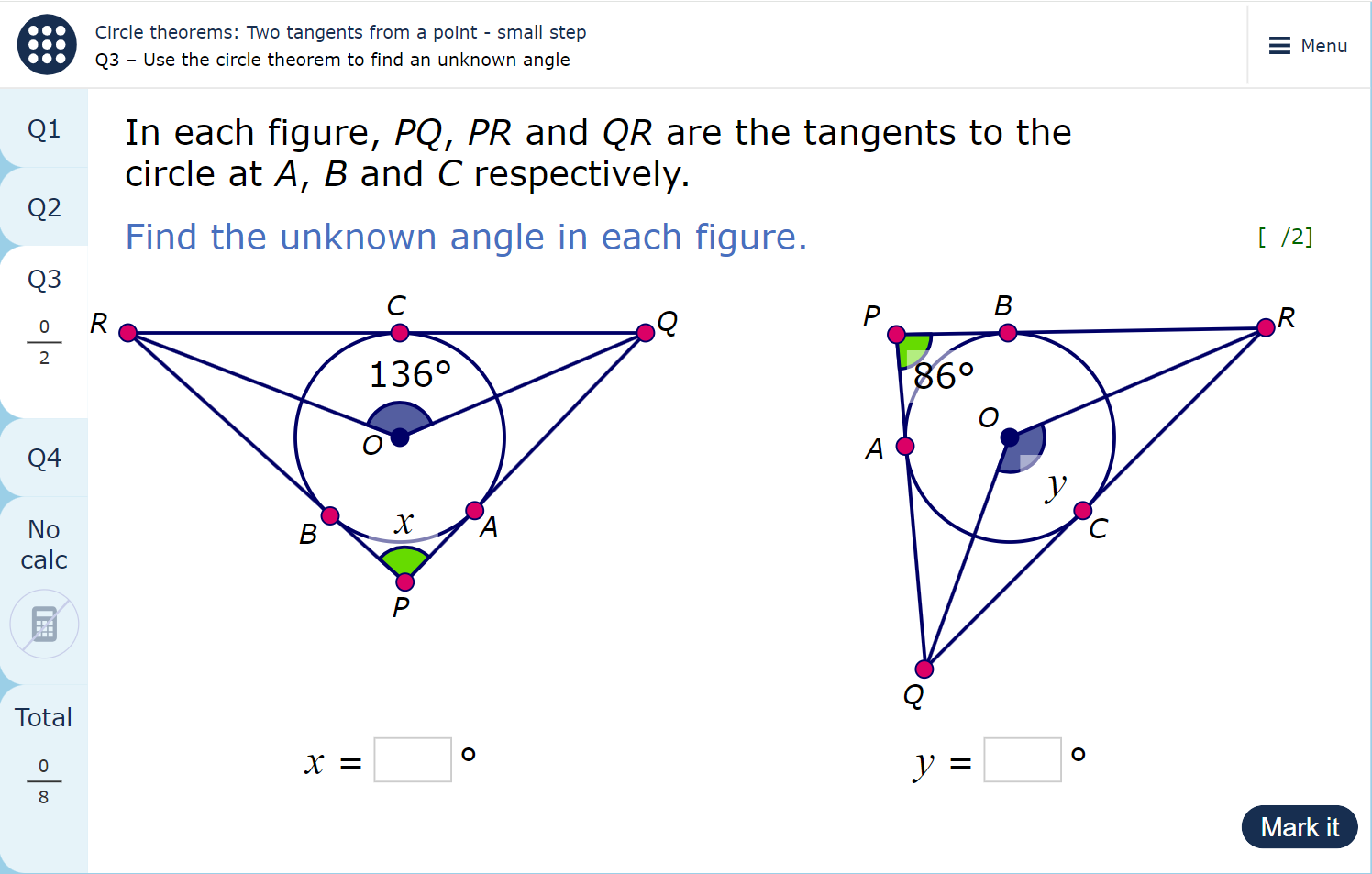 A MyMaths homework page showing two questions about a circle theorem.