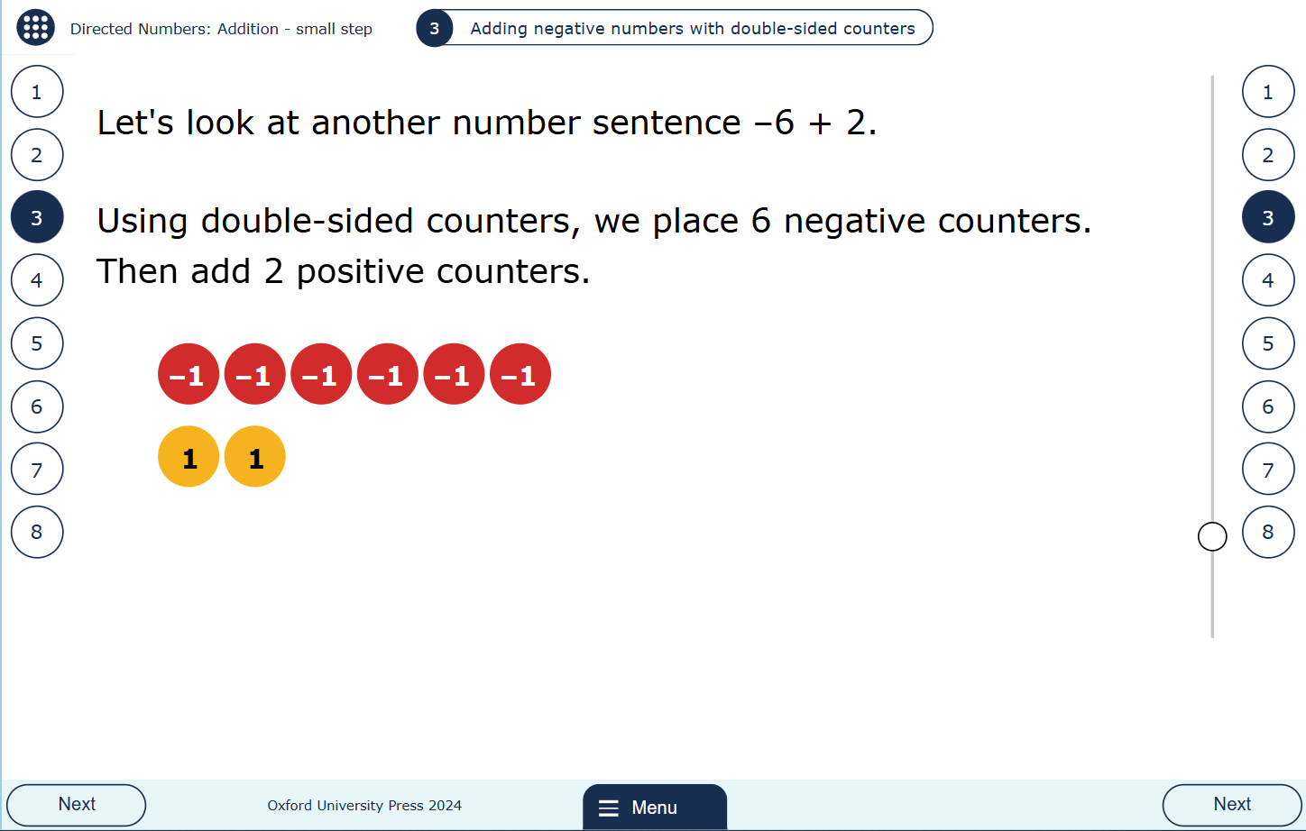 A MyMaths lesson page showing addition of directed numbers using double-sided counters.