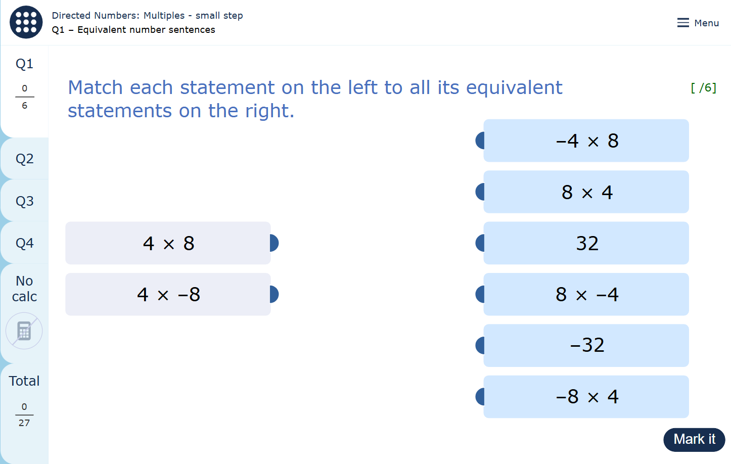 A MyMaths homework page showing questions about multiples of directed numbers.