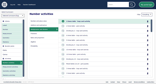 View of the MyMaths library, showing a list of multiplication and division activities with year group labels