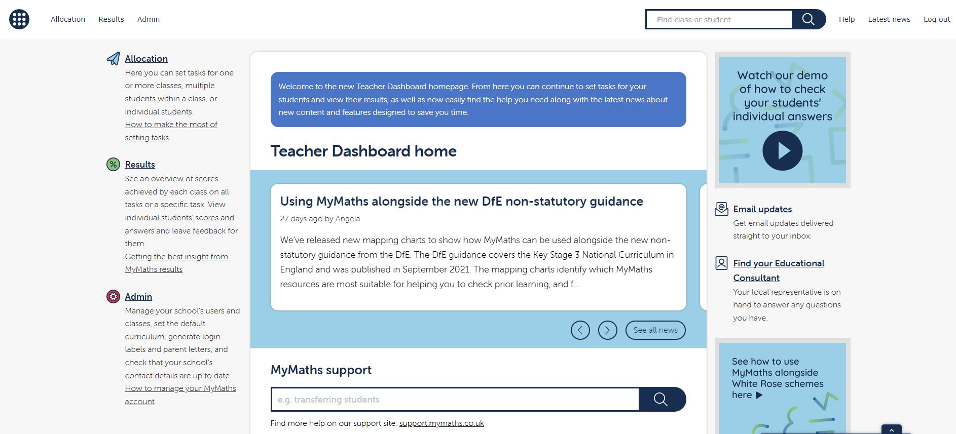 A screenshot of the new Teacher Dashboard homepage