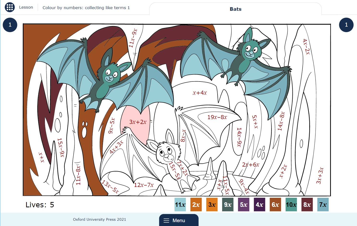 Screenshot of Colour by numbers: collecting like terms game