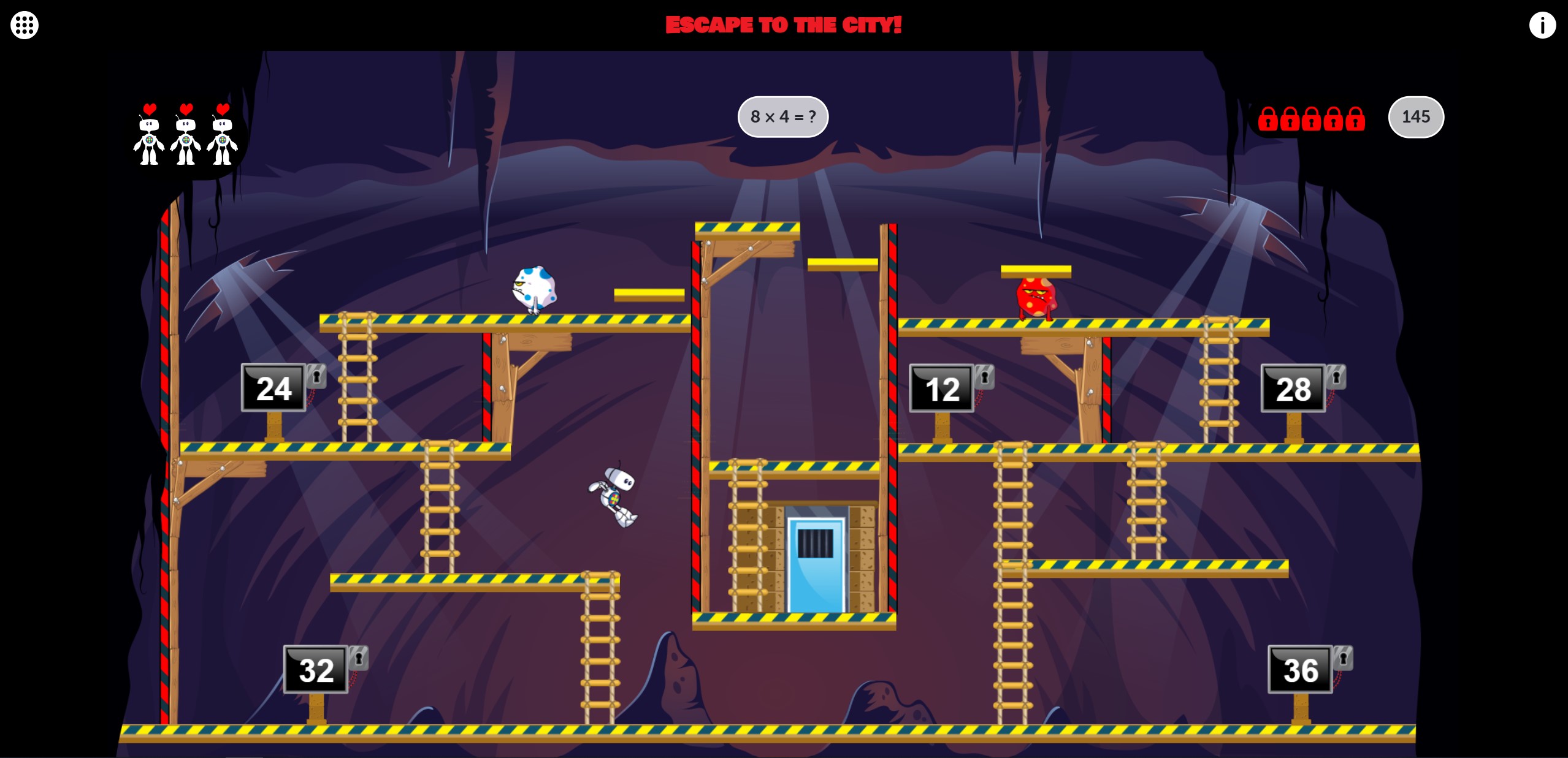 The image shows a screen from level 4 of the game Escape: times tables. The robot character is in a cavern. The question displayed is 8 × 4 = ?