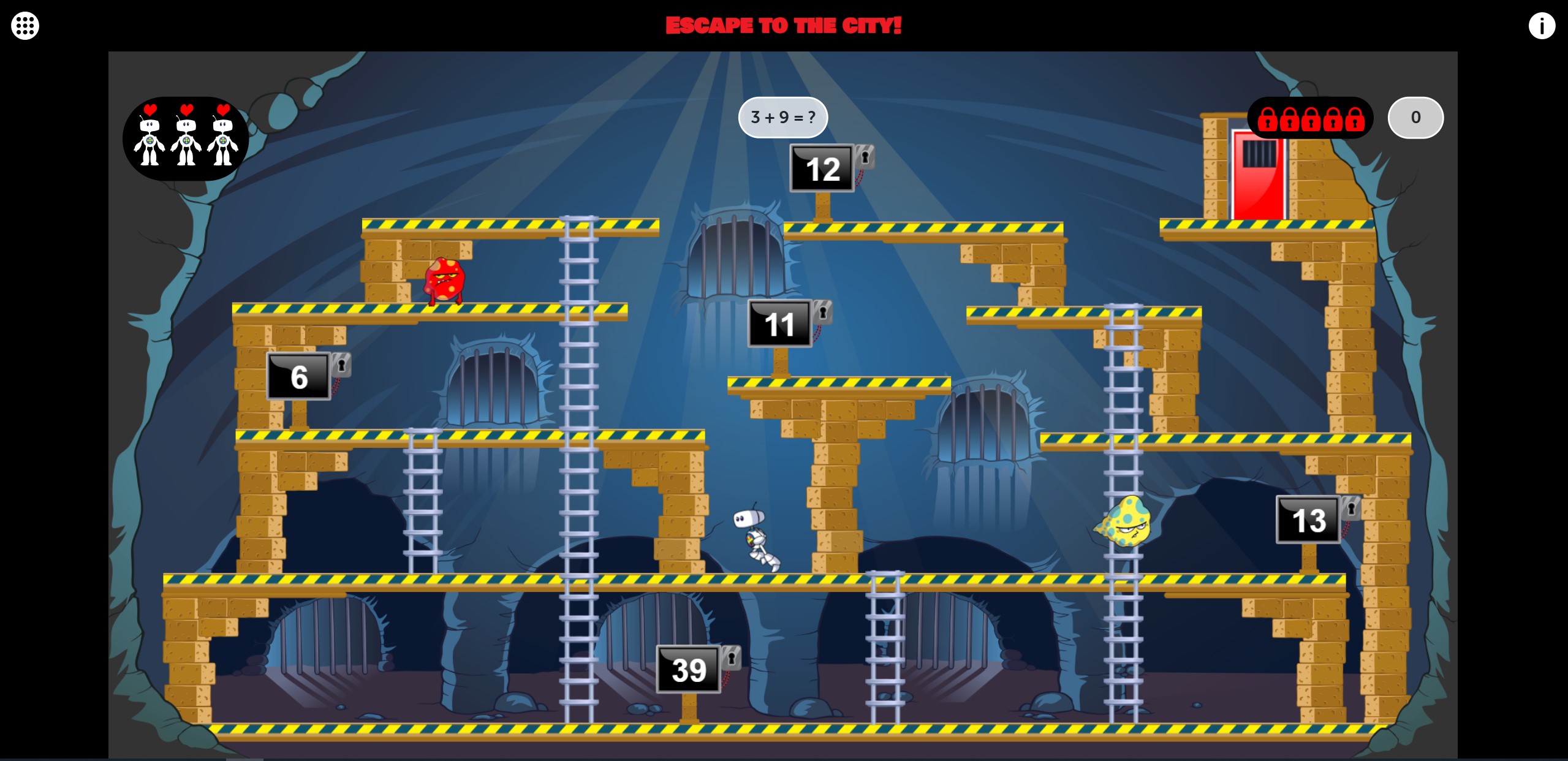The image shows a screen from level 1 of the game Escape: addition and subtraction. The robot character is in a dungeon. The question displayed is 3 + 9 = ?