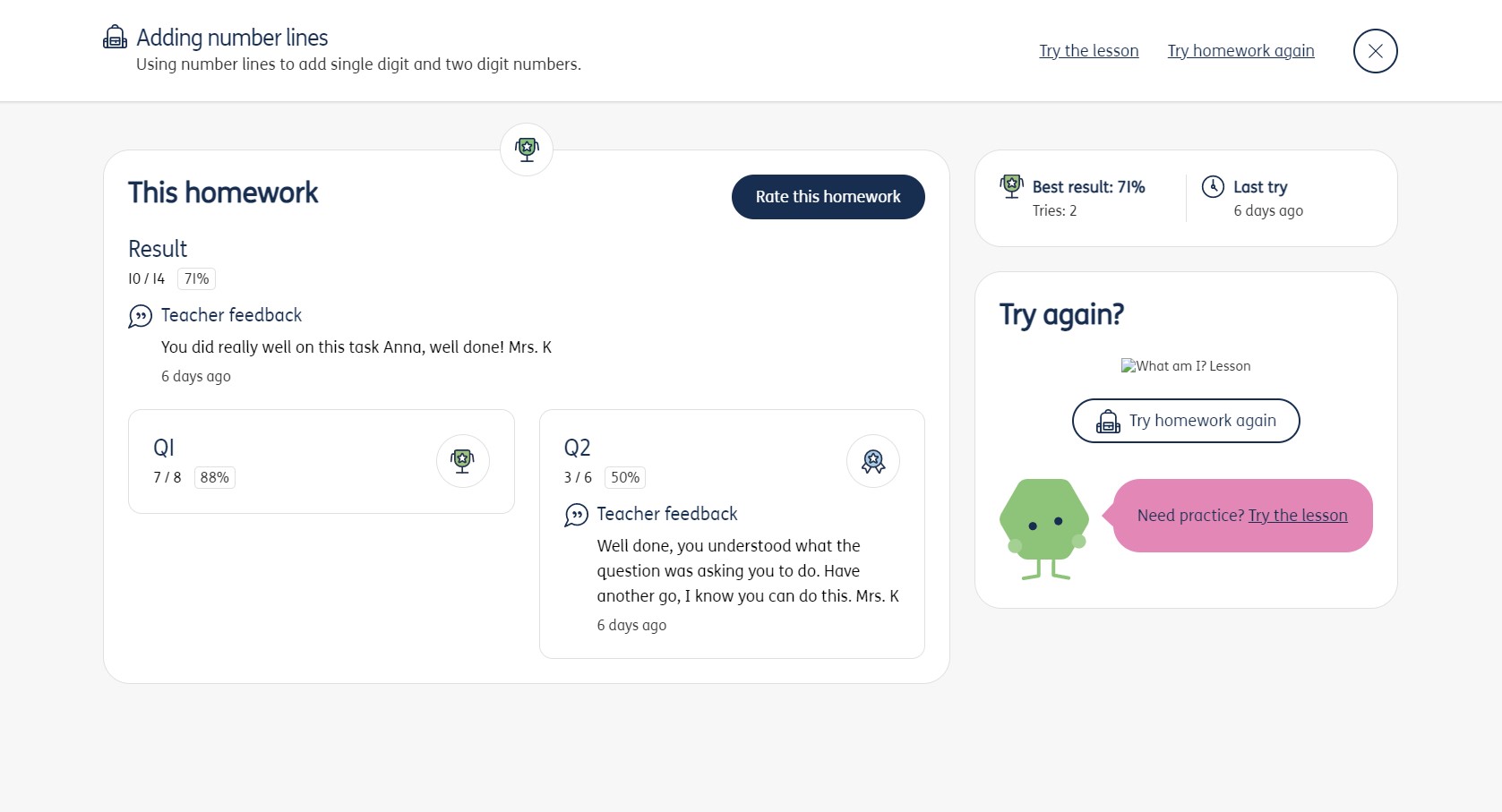 Primary portal view of the results for a task, showing scores and feedback from the teacher