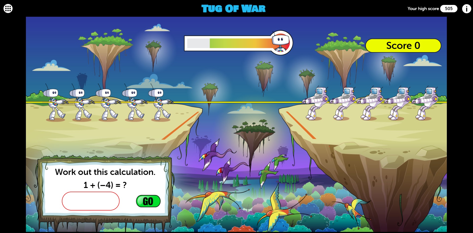 Question screen from Tug of war: adding and subtracting directed numbers