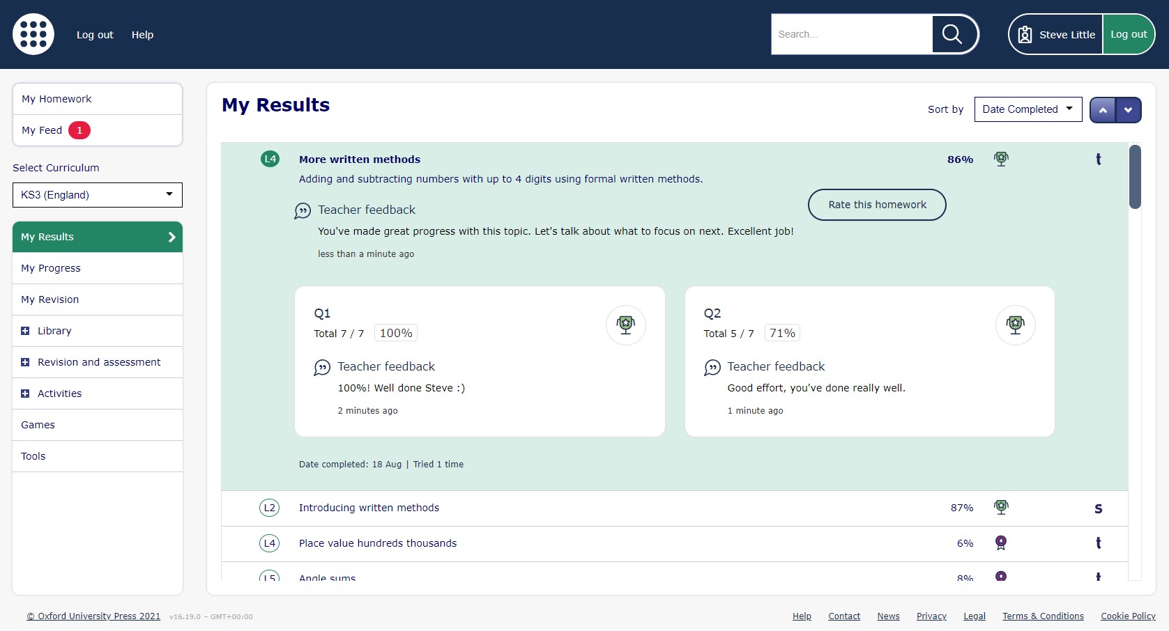 Secondary portal view of the results for a task, showing scores and feedback from the teacher
