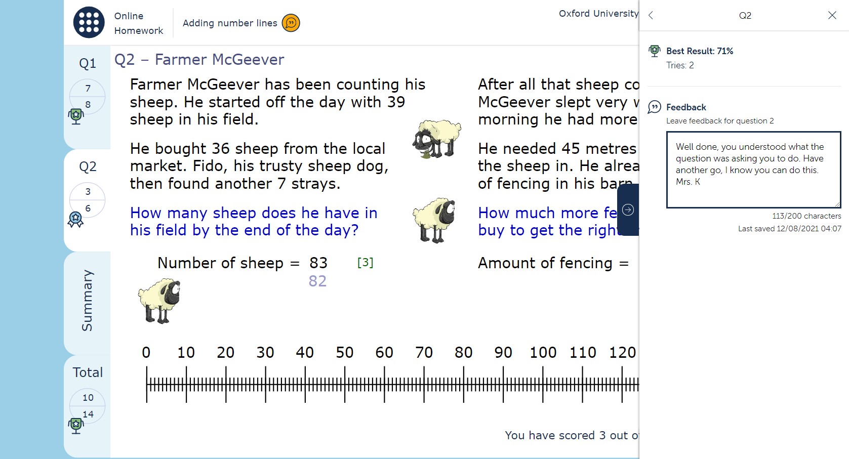 Teacher dashboard view of student’s answers, showing panel where the teacher has added feedback for the student