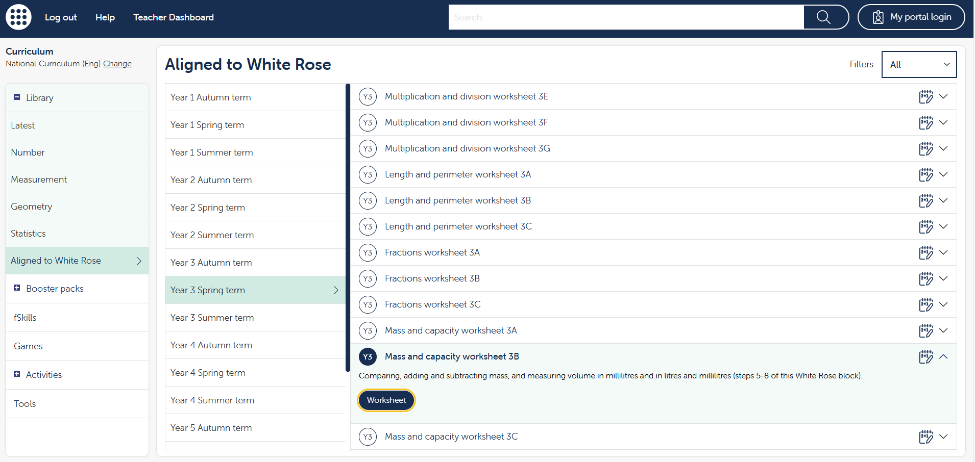 The image shows a list of worksheet tasks in the ‘Aligned to White Rose’ section of the Library within the ‘National Curriculum (Eng)’ curriculum view. The task selected is ‘Mass and capacity worksheet 3B’ and the task description shown is ‘Comparing, adding and subtracting mass, and measuring volume in millilitres and in litres and millilitres (steps 5-8 of this White Rose block).’