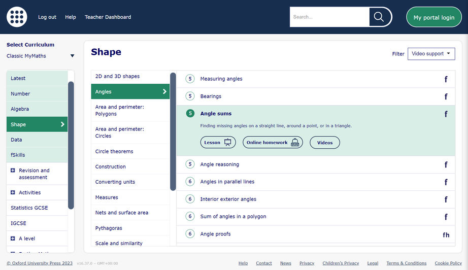 A view of the MyMaths Library, open in the Shape strand, displaying an expanded view of the lesson, homework and video support available for a lesson called ‘Angle sums'.
