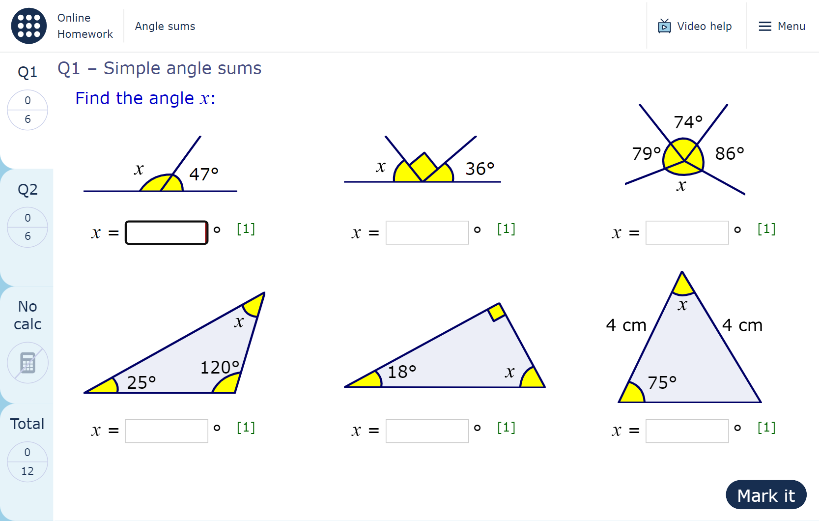 A MyMaths homework page containing the ‘Video help’ feature, which is accessed from the top-right of the page, to the left of the ‘Menu’ option.