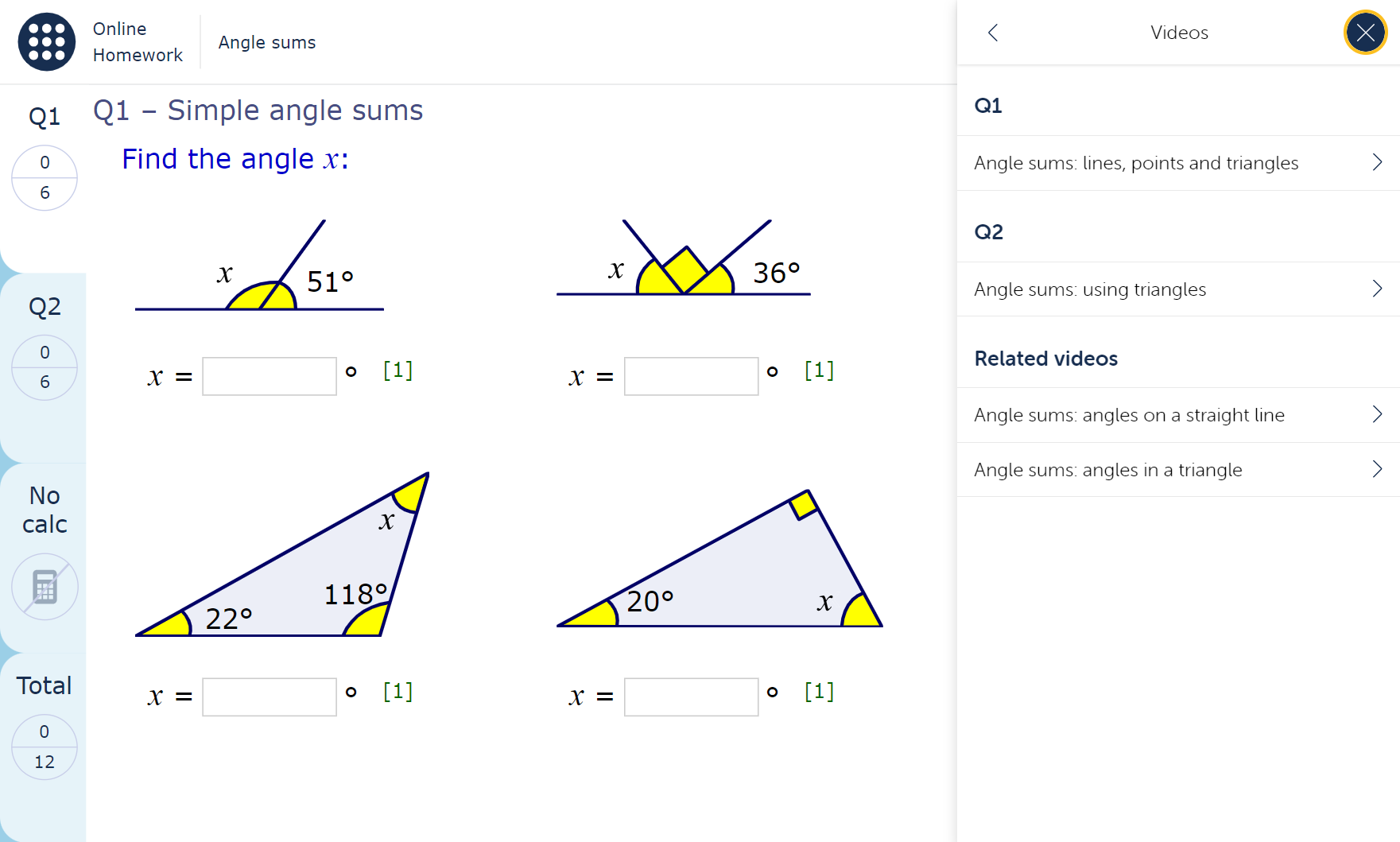 A MyMaths homework page with an expanded view of the ‘Video help’ feature, showing four different video options: one video for Q1 of the homework, one video for Q2 of the homework, and two related videos.