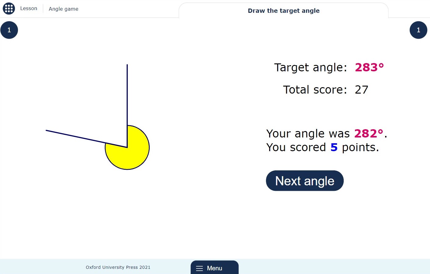 View of angle game showing target of 283°, drawn angle of 282° and user score of 5 points for that round.