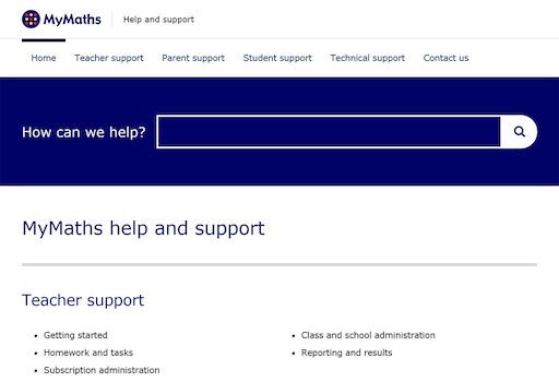 Screen shot of MyMaths support site