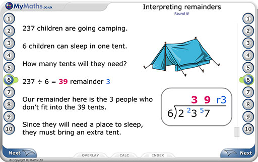 Primary MyMaths interpreting remainders example