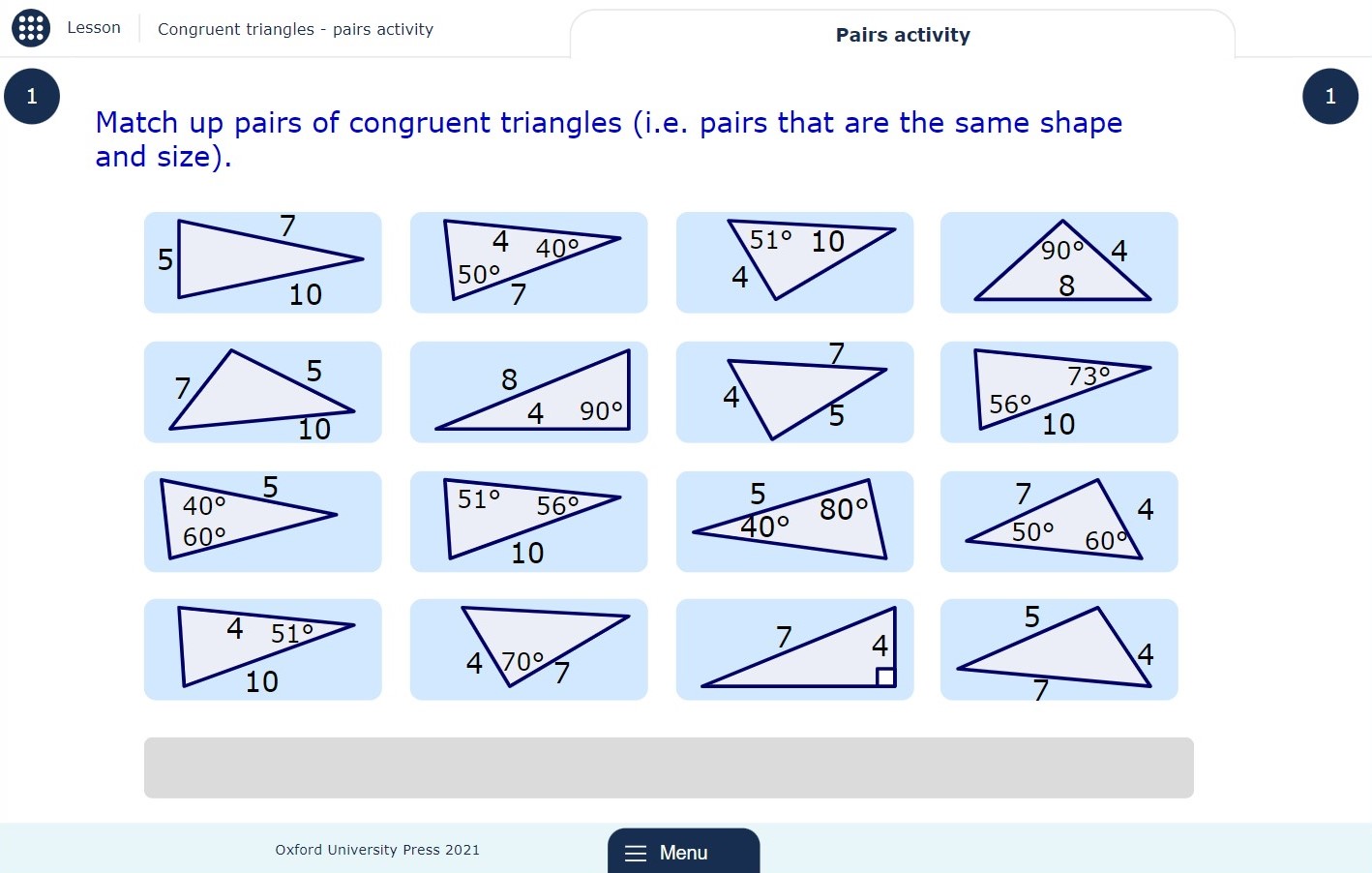 Pairs activity showing diagrams of congruent triangles.
