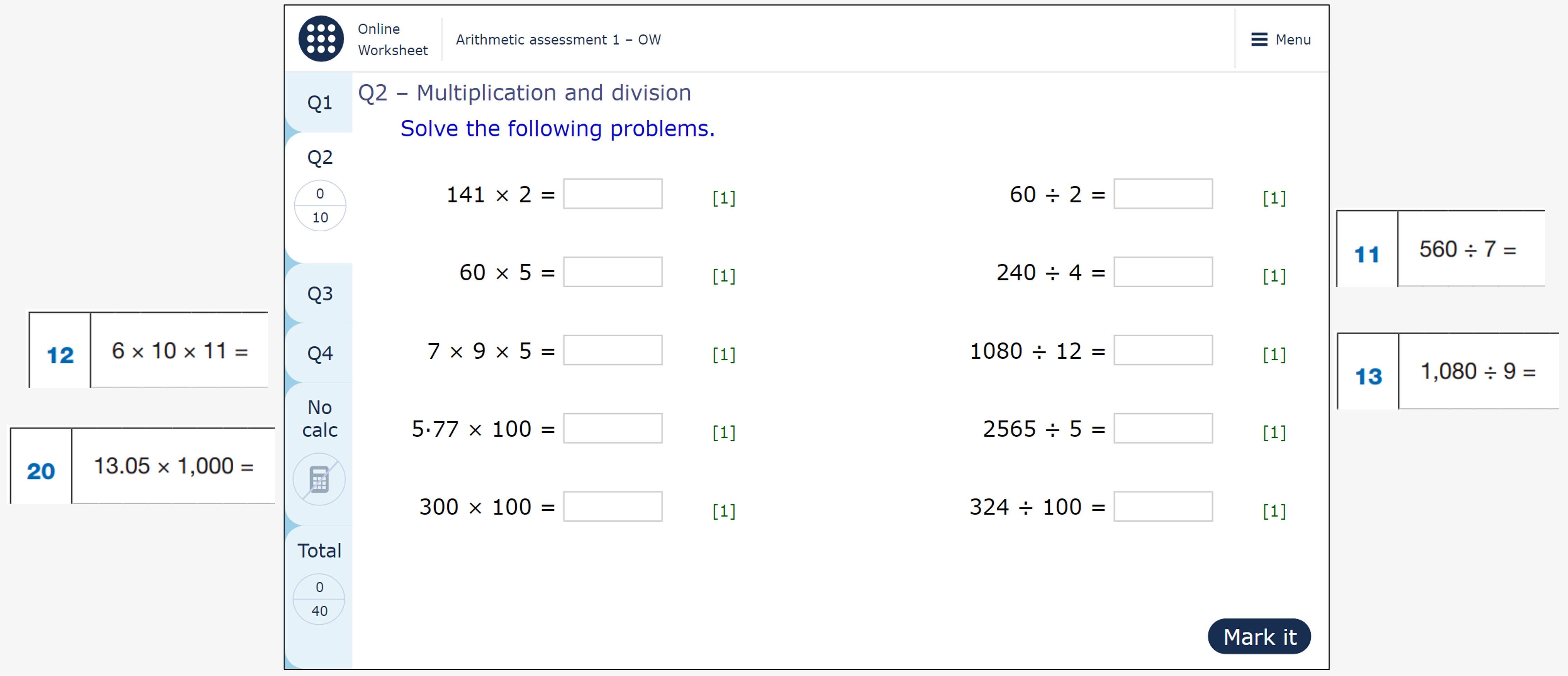 The image shows a page from a MyMaths worksheet, containing ten questions on mental multiplication and division, and four similar questions from the 2022 KS2 SATs Paper 1.