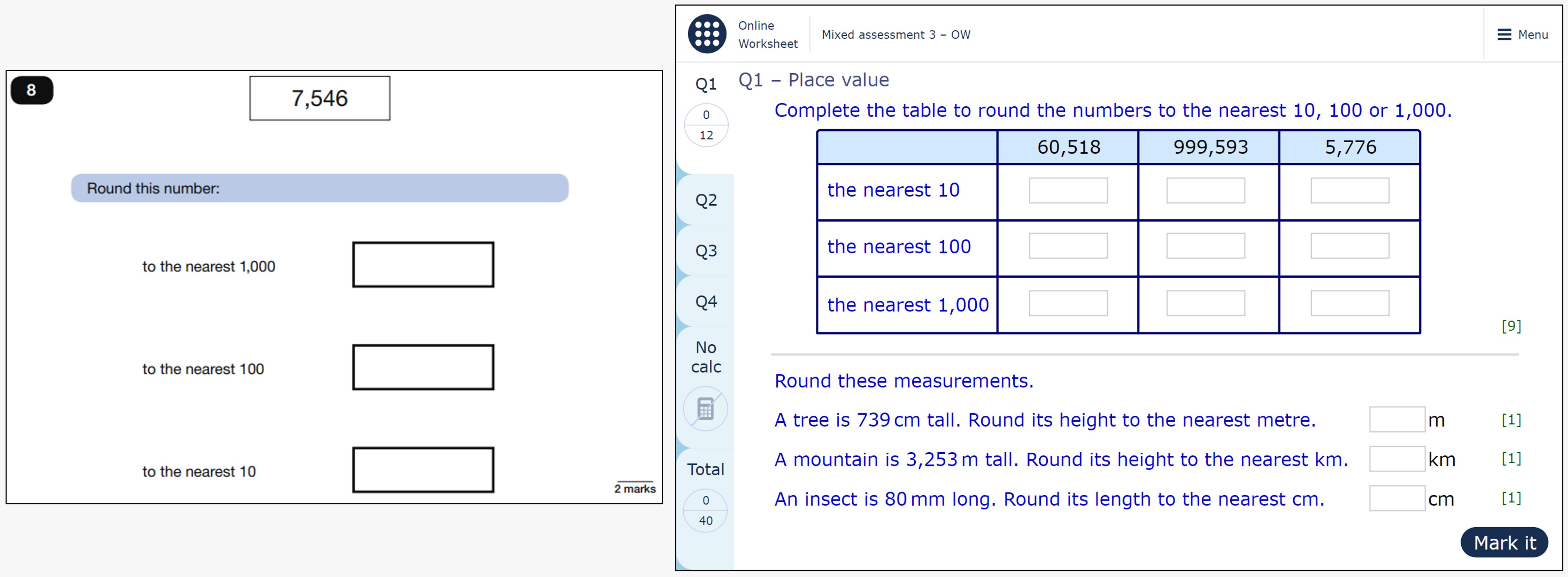 The image shows a page from a MyMaths worksheet, containing questions on rounding whole numbers to the nearest ten, hundred, and thousand, and a question from the 2022 KS2 SATs Paper 3 which asks pupils to round a four-digit integer to the nearest thousand, hundred, and ten.
