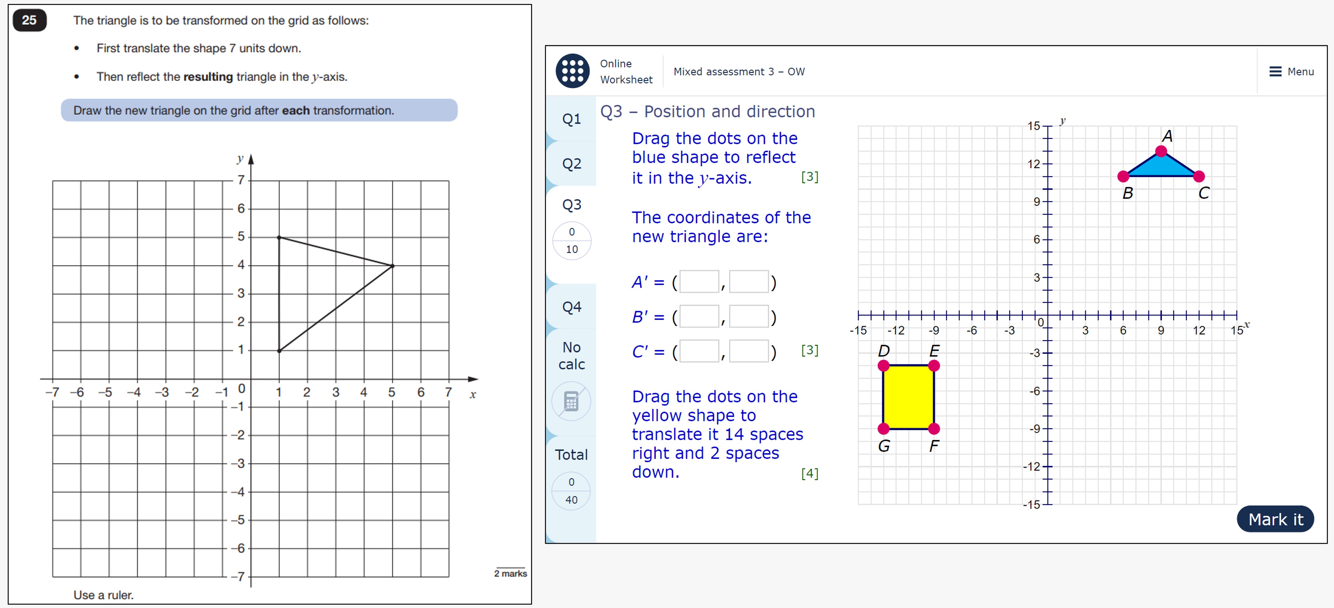 The image shows a page from a MyMaths worksheet and a question from the 2022 KS2 SATs Paper 2 which ask pupils to translate and reflect a simple 2D shape on a coordinate grid.