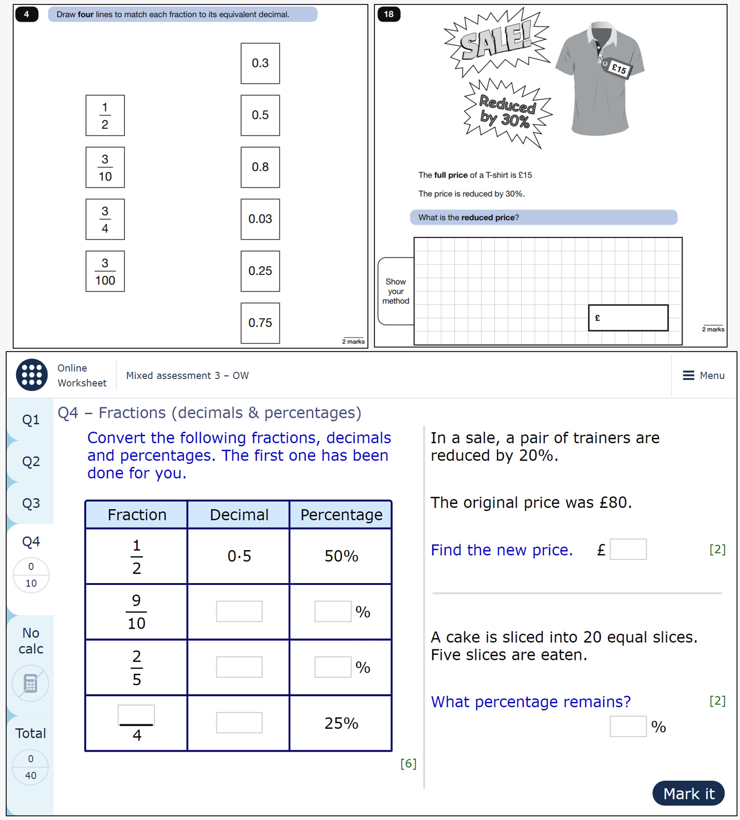 The image shows a page from a MyMaths worksheet, containing a table of equivalent fractions, decimals and percentages which pupils need to complete, and a question on percentage decrease. The image also shows two questions from the 2022 KS2 SATs Paper 3: a question which asks pupils to match equivalent fractions and decimals and a question on percentage decrease.