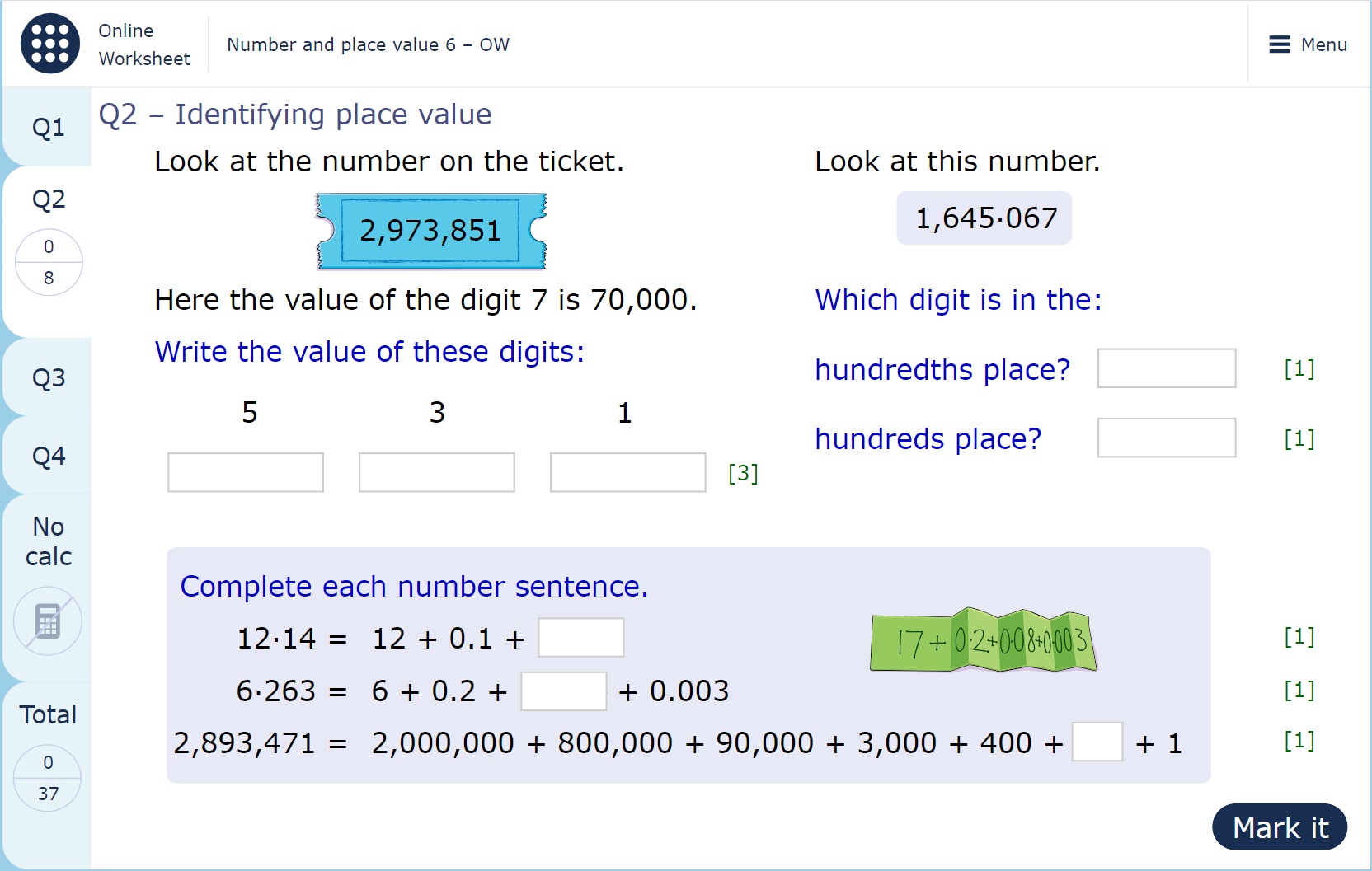 The image shows a page from a MyMaths worksheet, containing questions on identifying the place value of a digit in an integer or a decimal.