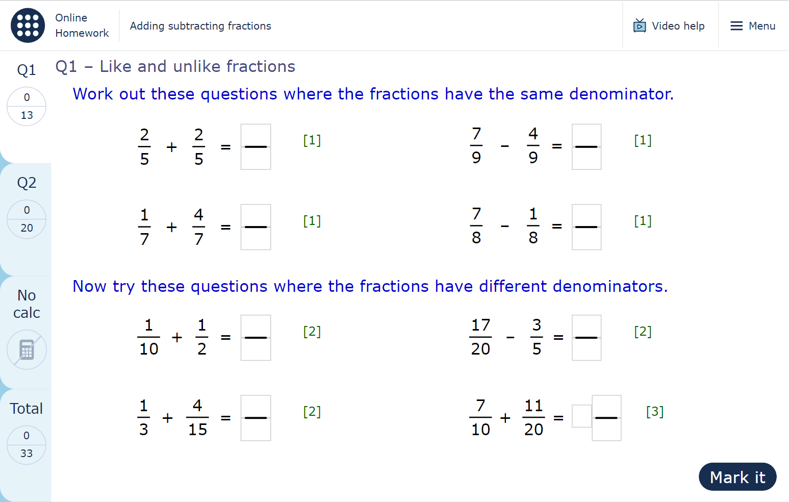 A MyMaths homework page containing the ‘Video help’ feature, which is accessed from the top-right of the page, to the left of the ‘Menu’ option.
