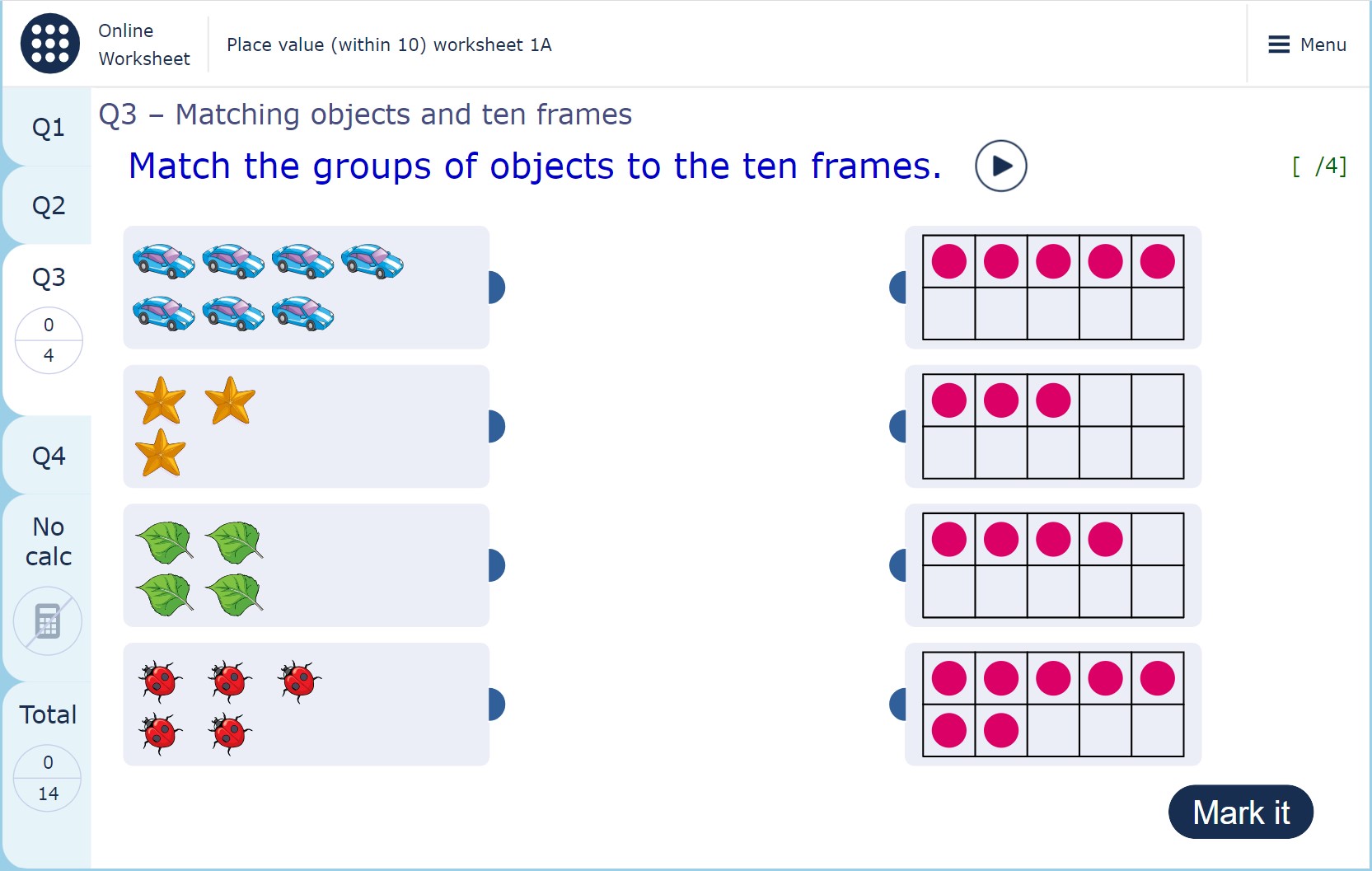 The image shows a matching activity. Pupils need to match groups of 7 cars, 3 starfish, 4 leaves and 5 ladybirds to diagrams showing these numbers represented by counters in ten frames.