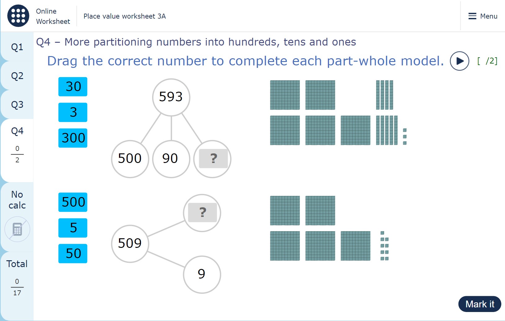 The image shows two part-whole models, each with the whole and all but one parts completed. The whole is a 3-digit integer which is represented using base ten apparatus. The user must drag the correct missing part into the part-whole model, choosing from three options.