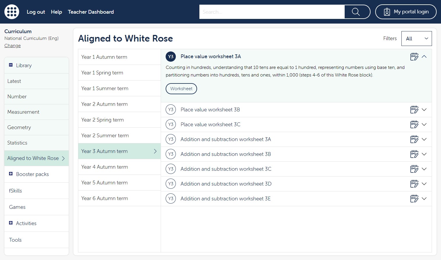 The image shows a list of worksheet tasks in the ‘Aligned to White Rose’ section of the Library within the ‘National Curriculum (Eng)’ curriculum view. The task selected is “Place value worksheet 3A” and the task description shown is “Counting in hundreds, understanding that 10 tens are equal to 1 hundred, representing numbers using base ten, and partitioning numbers into hundreds, tens and ones, within 1,000 (steps 4-6 of this White Rose block).