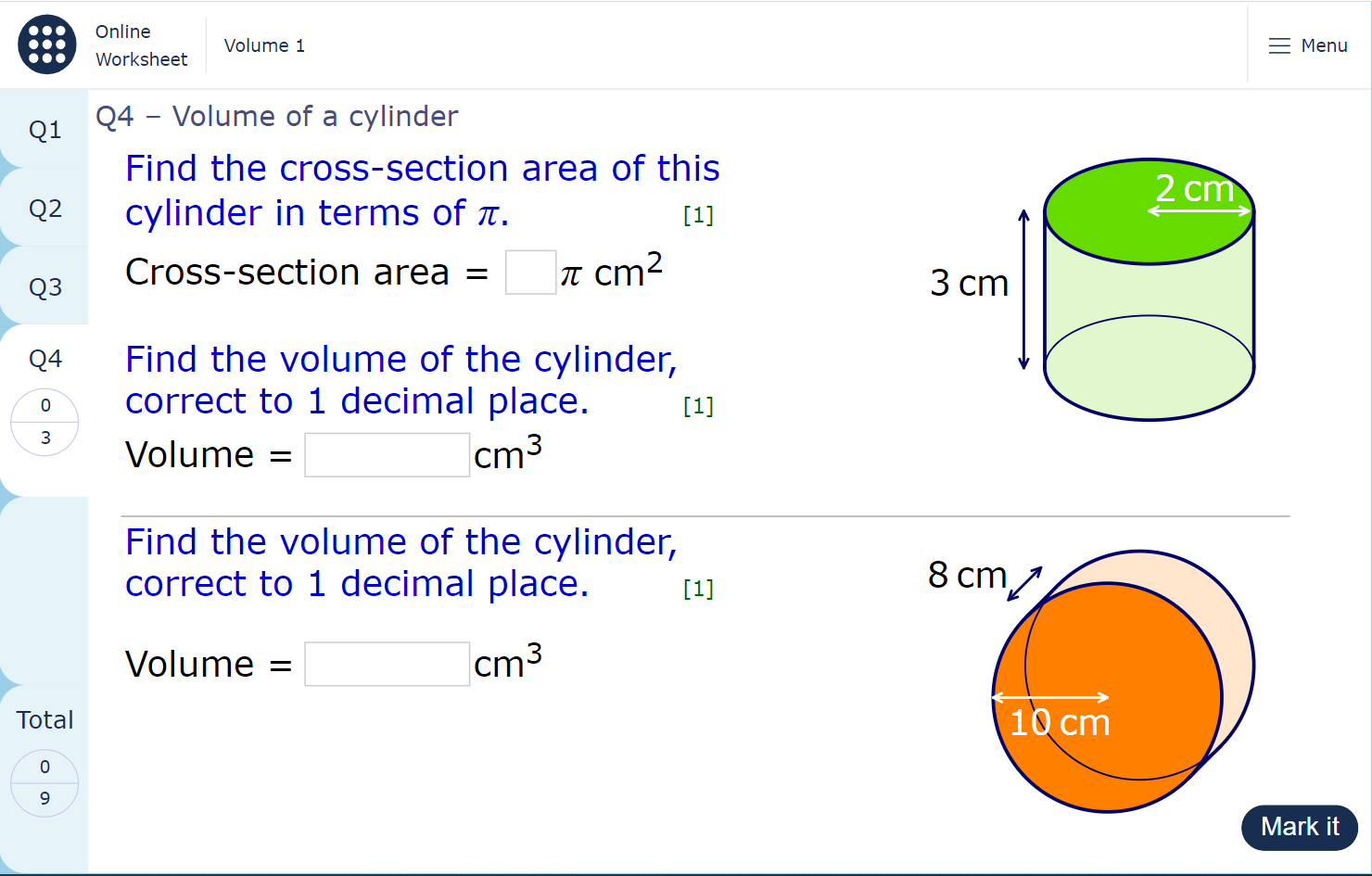 A worksheet page showing a set of questions about finding the volume of a cylinder
