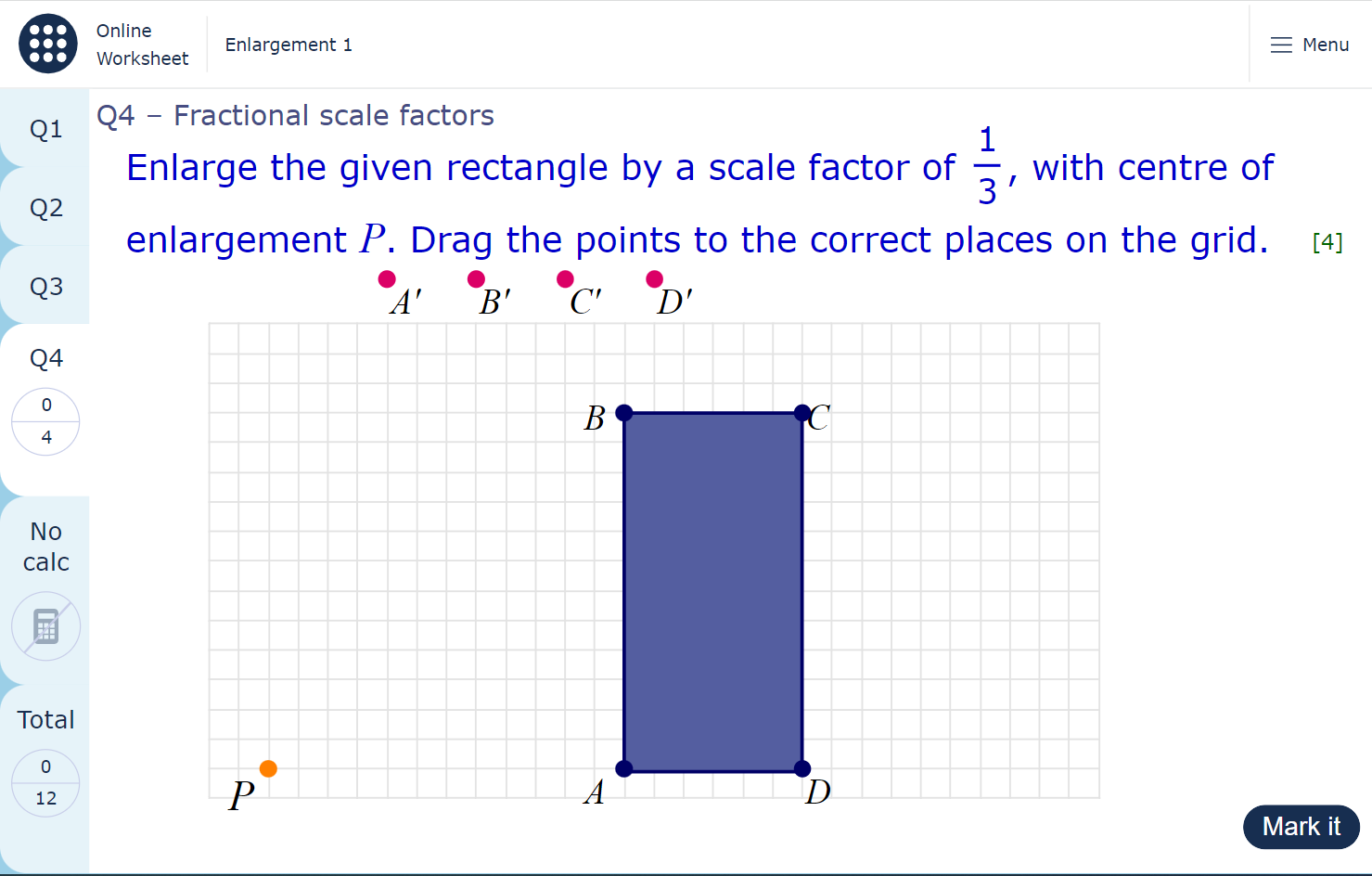 A worksheet page showing a question about fractional scale factors.