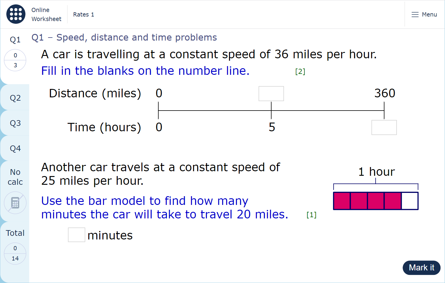 A worksheet page showing a set of questions about speed, distance and time.