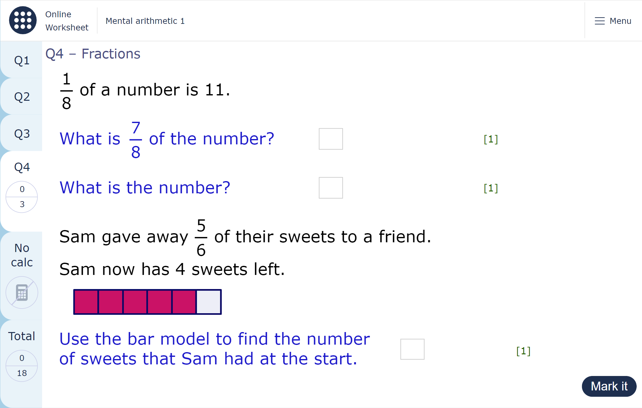 A worksheet page showing a set of questions about mental arithmetic of fractions.