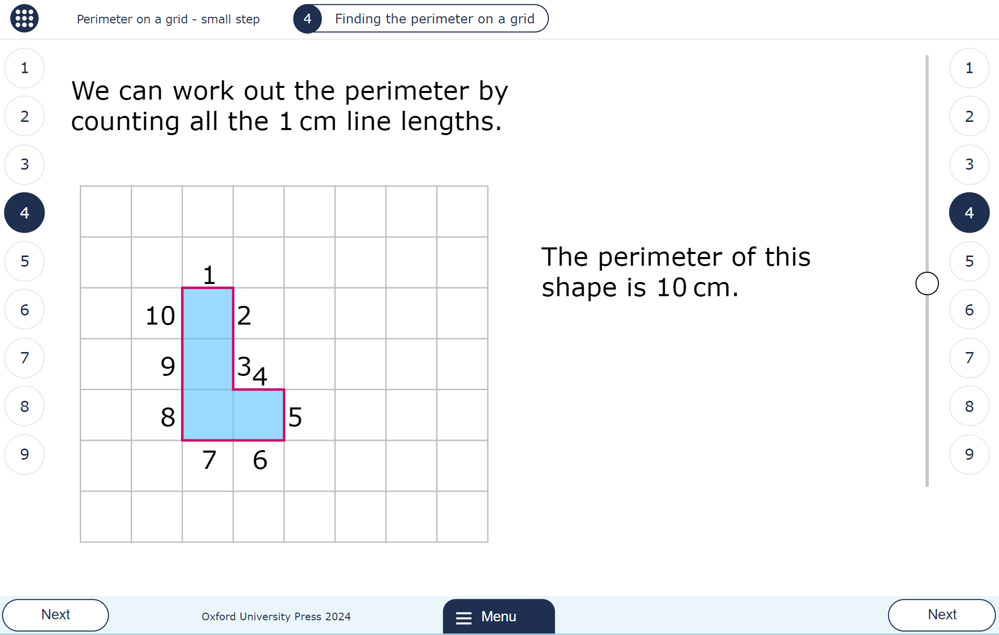 A MyMaths lesson page showing a shape on a grid, and a count for the perimeter of the shape.