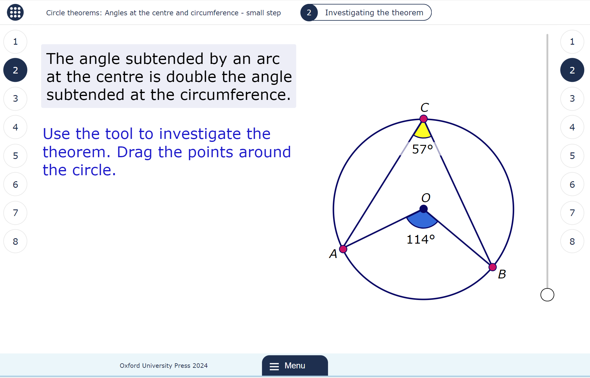 A MyMaths lesson page showing a tool for exploring a circle theorem.