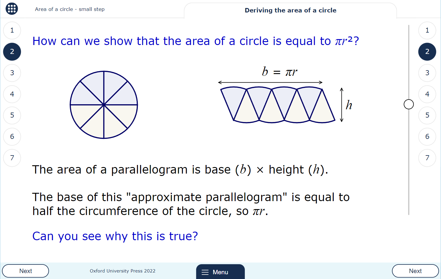 A lesson page showing a circle split into eight sectors and a parallelogram created from the same sectors. Text prompts the user to think about how the approximation of the circle’s area changes when more sectors are used.