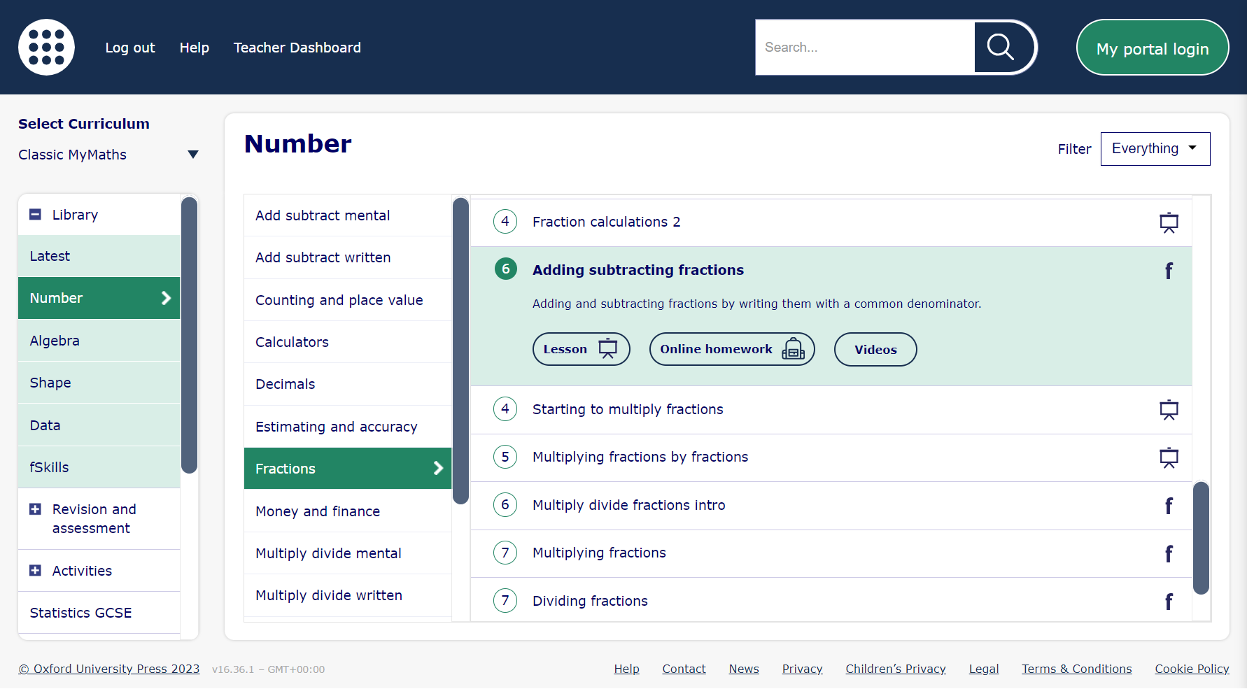 A view of the MyMaths Library, open in the Number strand, displaying an expanded view of the lesson, homework and video support available for a lesson called ‘Adding subtracting fractions’