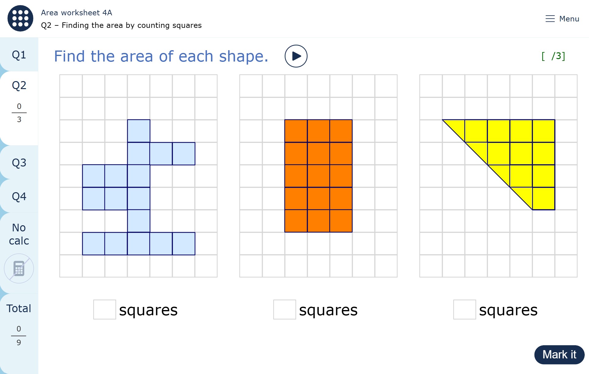 The image shows three grids. On each grid, squares are shaded to form a shape. The user must find the area of each shape by counting the shaded squares.