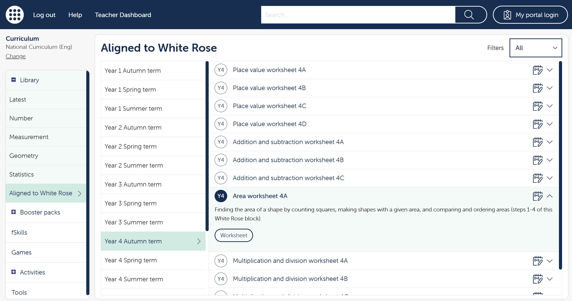 The image shows a list of worksheet tasks in the ‘Aligned to White Rose’ section of the Library within the ‘National Curriculum (Eng)’ curriculum view. The task selected is “Area worksheet 4A” and the task description shown is “Finding the area of a shape by counting squares, making shapes with a given area, and comparing and ordering areas (steps 1-4 of this White Rose block).