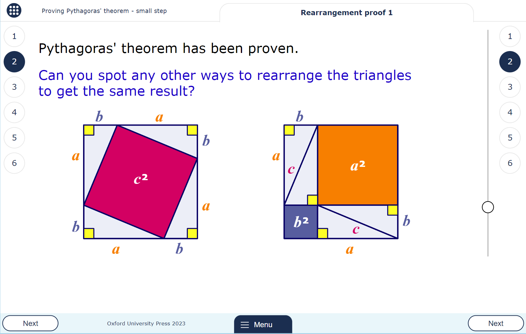 A MyMaths lesson page showing a rearrangement proof of Pythagoras’ theorem. The two diagrams show right-angled triangles arranged differently within squares.