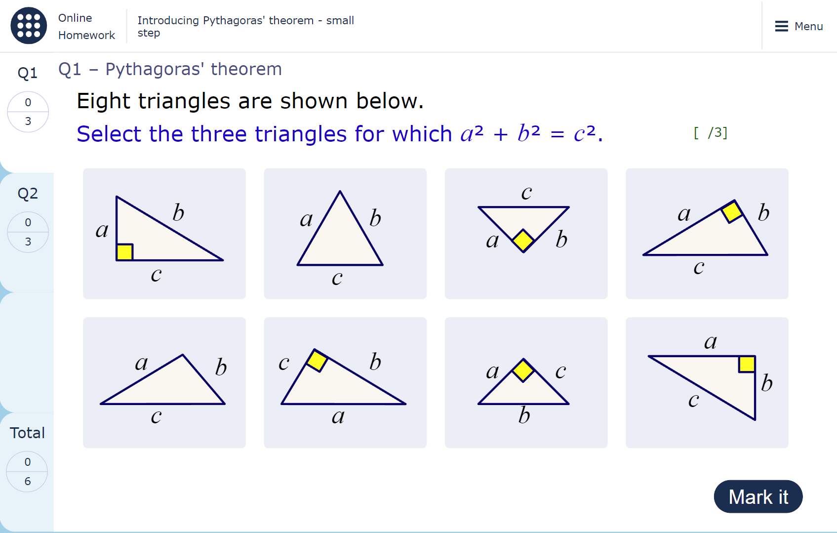 A MyMaths homework page showing eight triangles with labelled sides. Text prompts the user to select the triangles for which Pythagoras’ theorem is true.