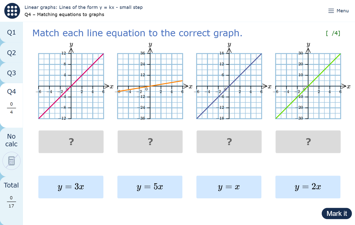 A MyMaths homework page showing questions about lines in the form y = kx.