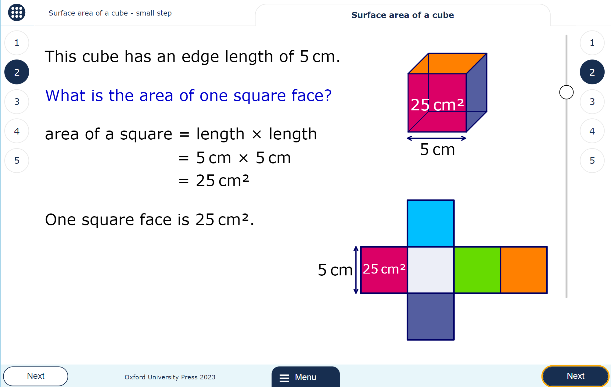 A MyMaths lesson page showing a cube, its net, and a calculation for the area of one of its faces.