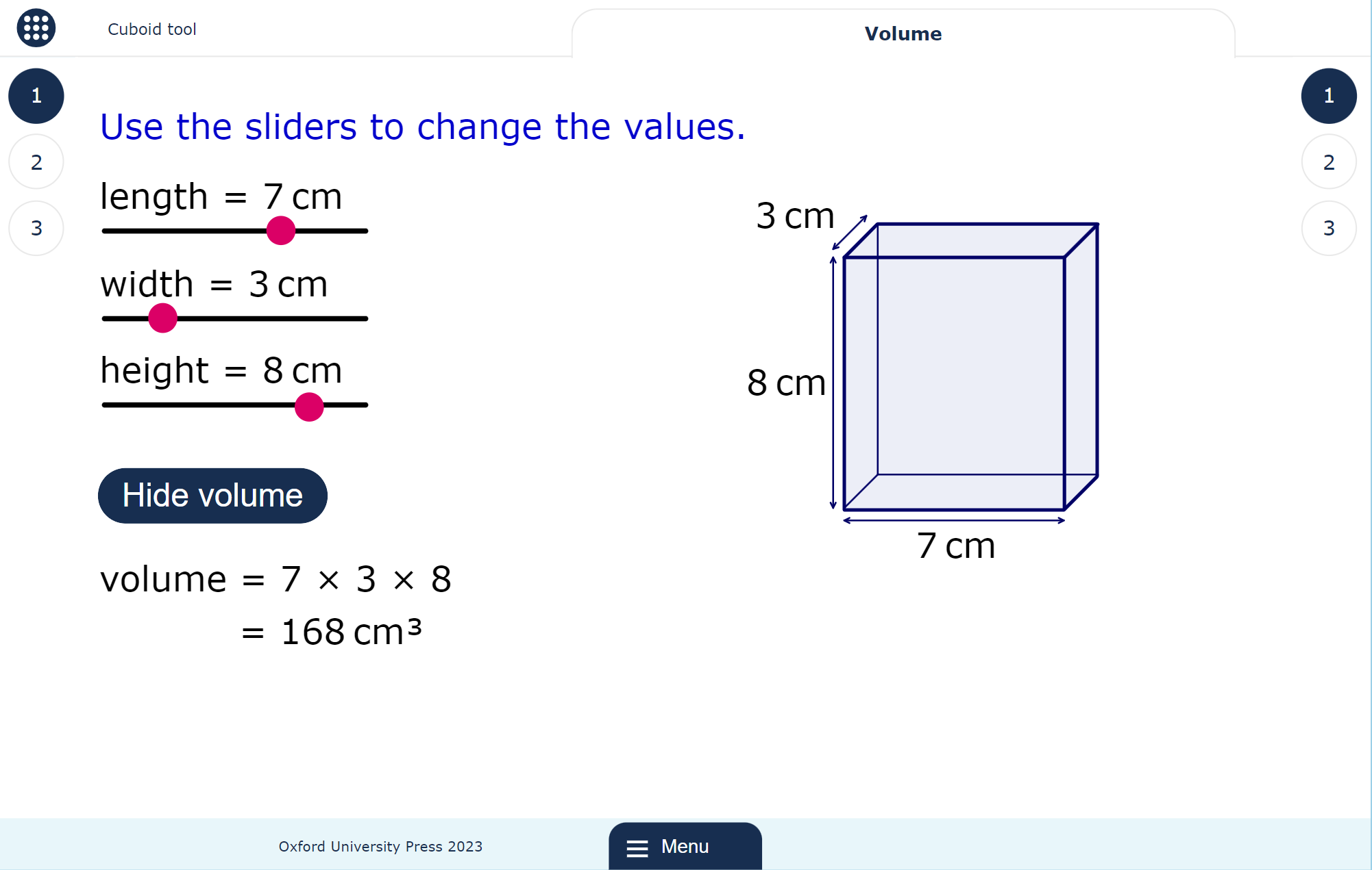 A MyMaths lesson page showing a cuboid, its volume calculation, and slides for manipulating the lengths of the cuboid.