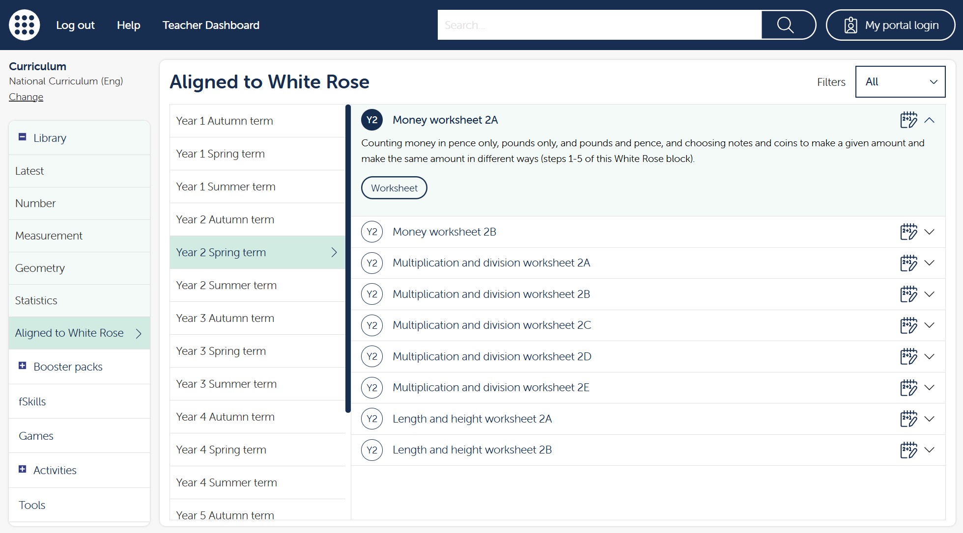 The image shows a list of worksheet tasks in the ‘Aligned to White Rose’ section of the Library within the ‘National Curriculum (Eng)’ curriculum view. The task selected is “Money worksheet 2A” and the task description shown is “Counting money in pence only, pounds only, and pounds and pence, and choosing notes and coins to make a given amount and make the same amount in different ways (steps 1-5 of this White Rose block).”