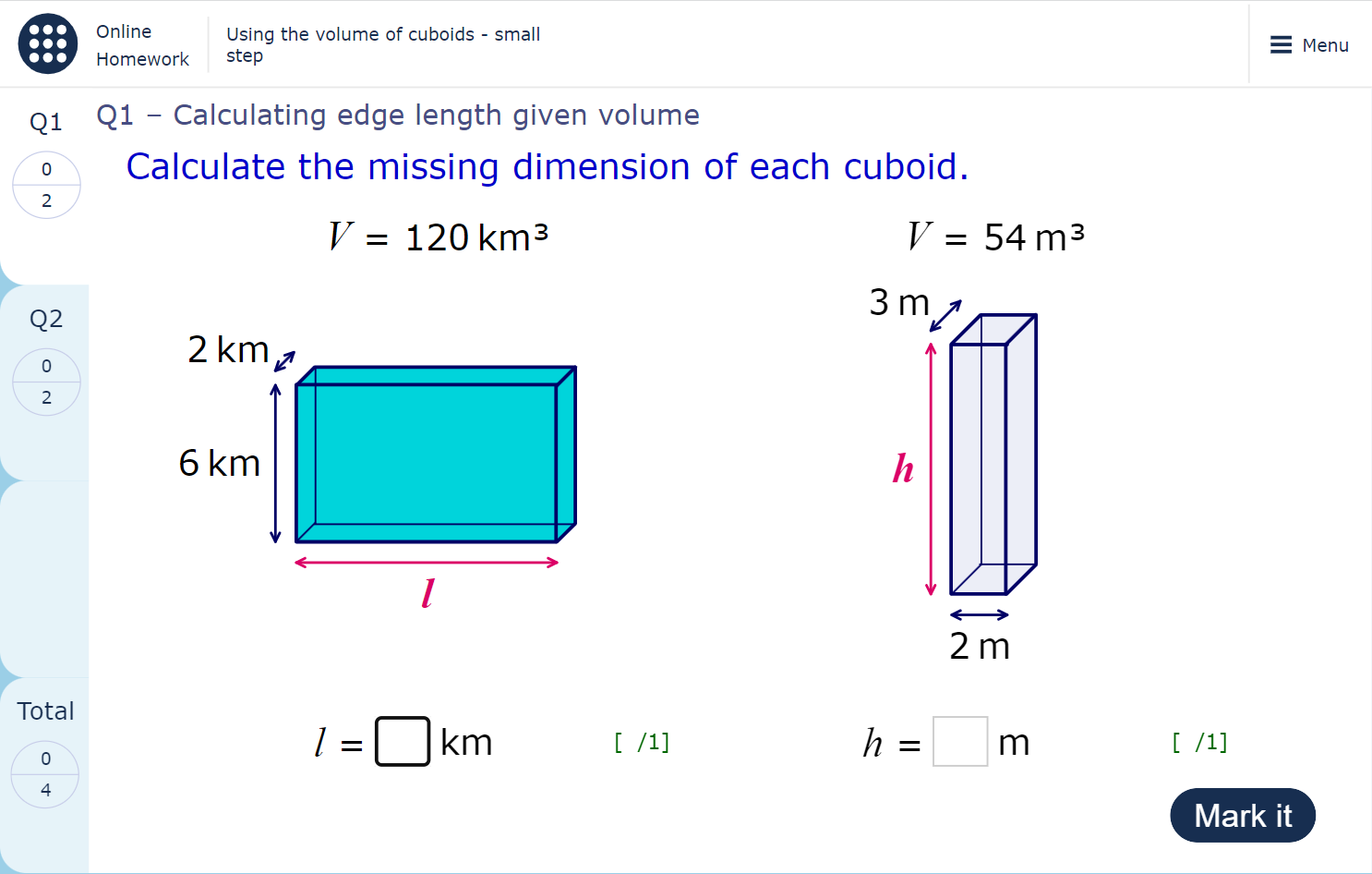 A homework page showing two cuboids with some dimensions and their volumes labelled. Text prompts the user to calculate the missing dimension of each cuboid.
