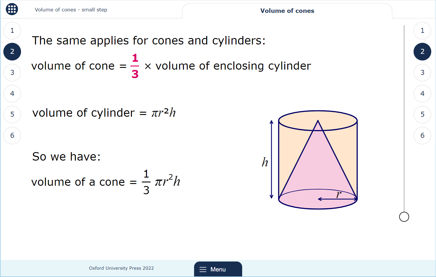 A lesson page showing a cone inside a cylinder and formulae for the volume.