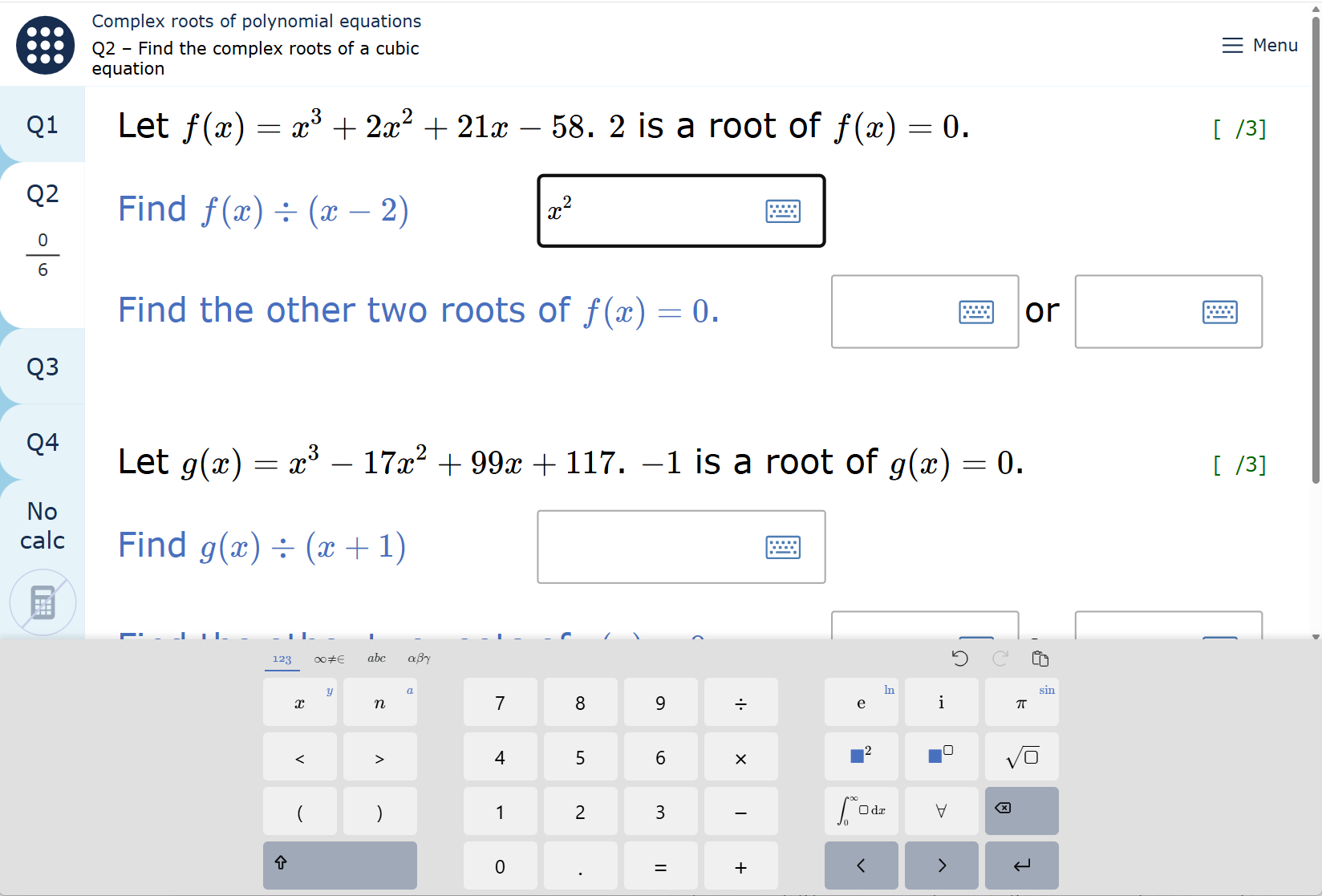 A MyMaths homework page showing the virtual keyboard for entering complex mathematical expressions.